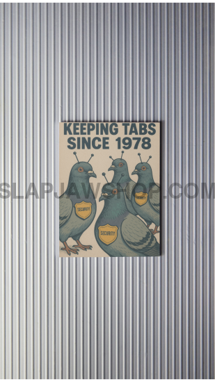 Metallic surface with a poster featuring cartoon characters and text 'Keeping Tabs Since 1978'.