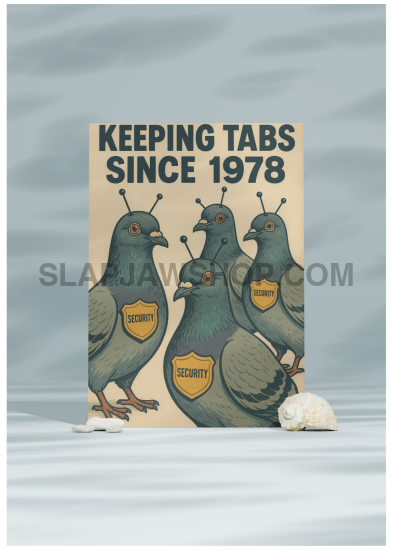 Card with pigeons and text 'Keeping Tabs Since 1978' on a light gray background