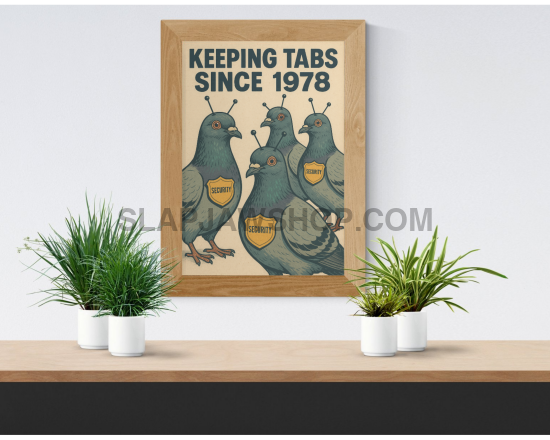 Framed poster with birds and text 'Keeping Tabs Since 1978' on a wall above a wooden shelf with plants.