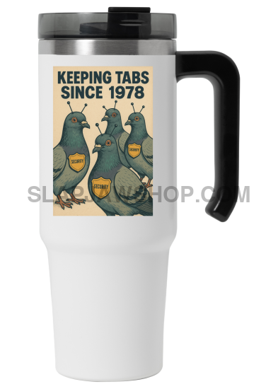 Travel mug with cartoon ducks design and text 'Keeping Tabs Since 1978' on a white background