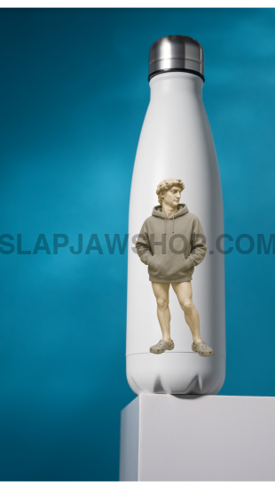 White water bottle with a graphic design on a blue background