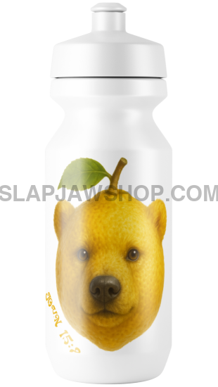 White water bottle with a bear and pear design on a white background