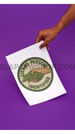 Hand holding a paper with a logo on a purple background