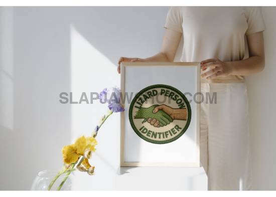 Person holding a framed picture with a 'Lizard Person Identifier' design, next to flowers on a white surface.