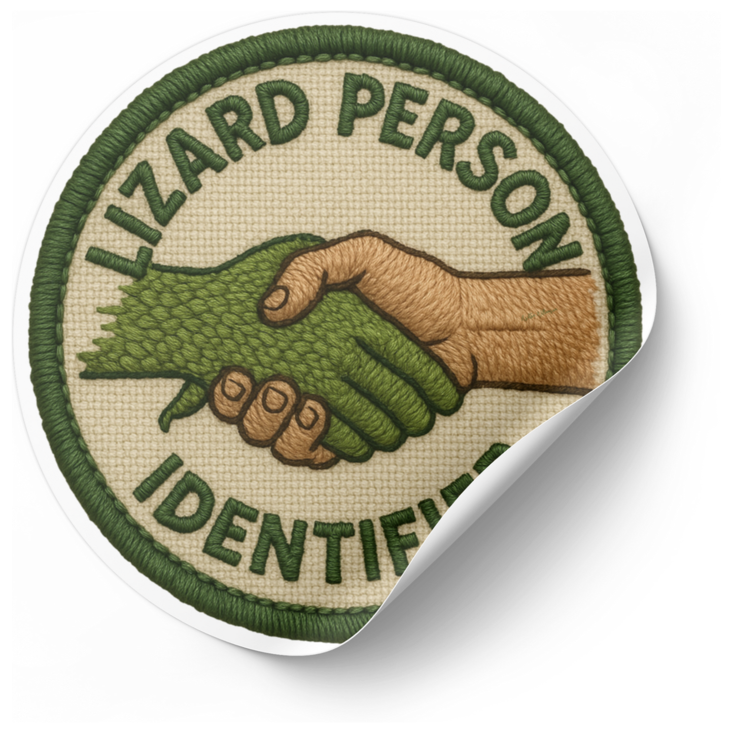 Patch with a design of a hand shaking a lizard's tail and text 'Lizard Person Identified' on a white background.