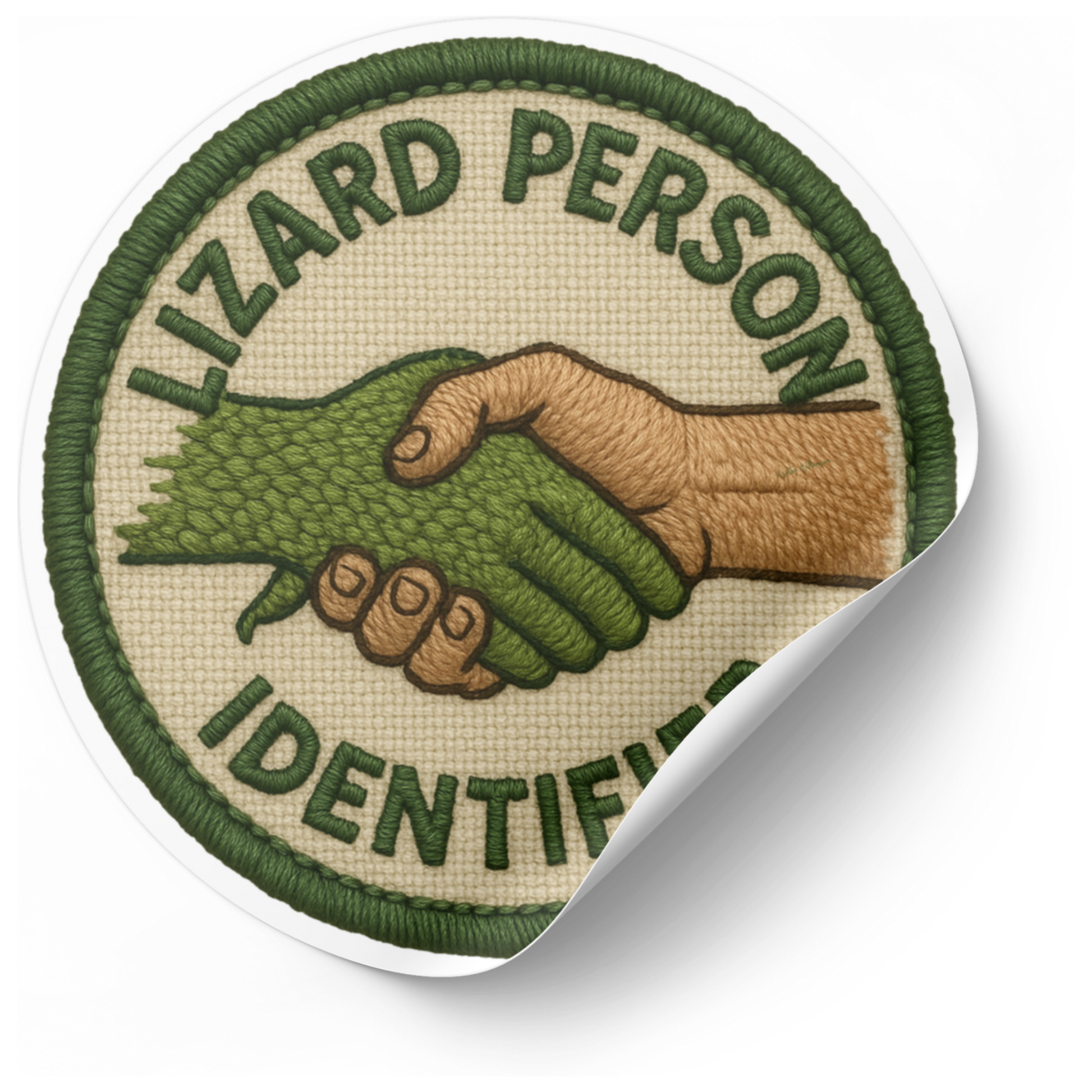 Patch with a design of a hand shaking a lizard's tail and text 'Lizard Person Identified' on a white background.