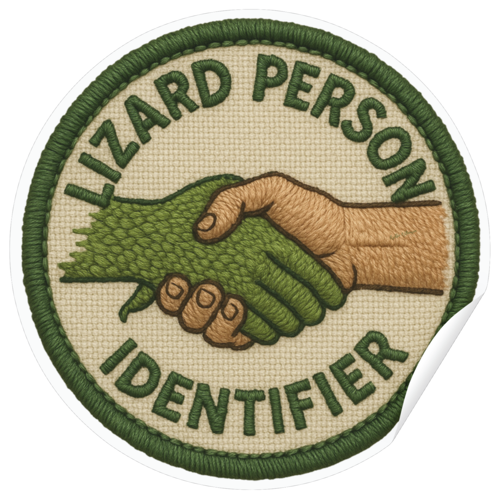 Patch with a hand shaking a lizard's tail, labeled 'Lizard Person Identifier' on a beige background.