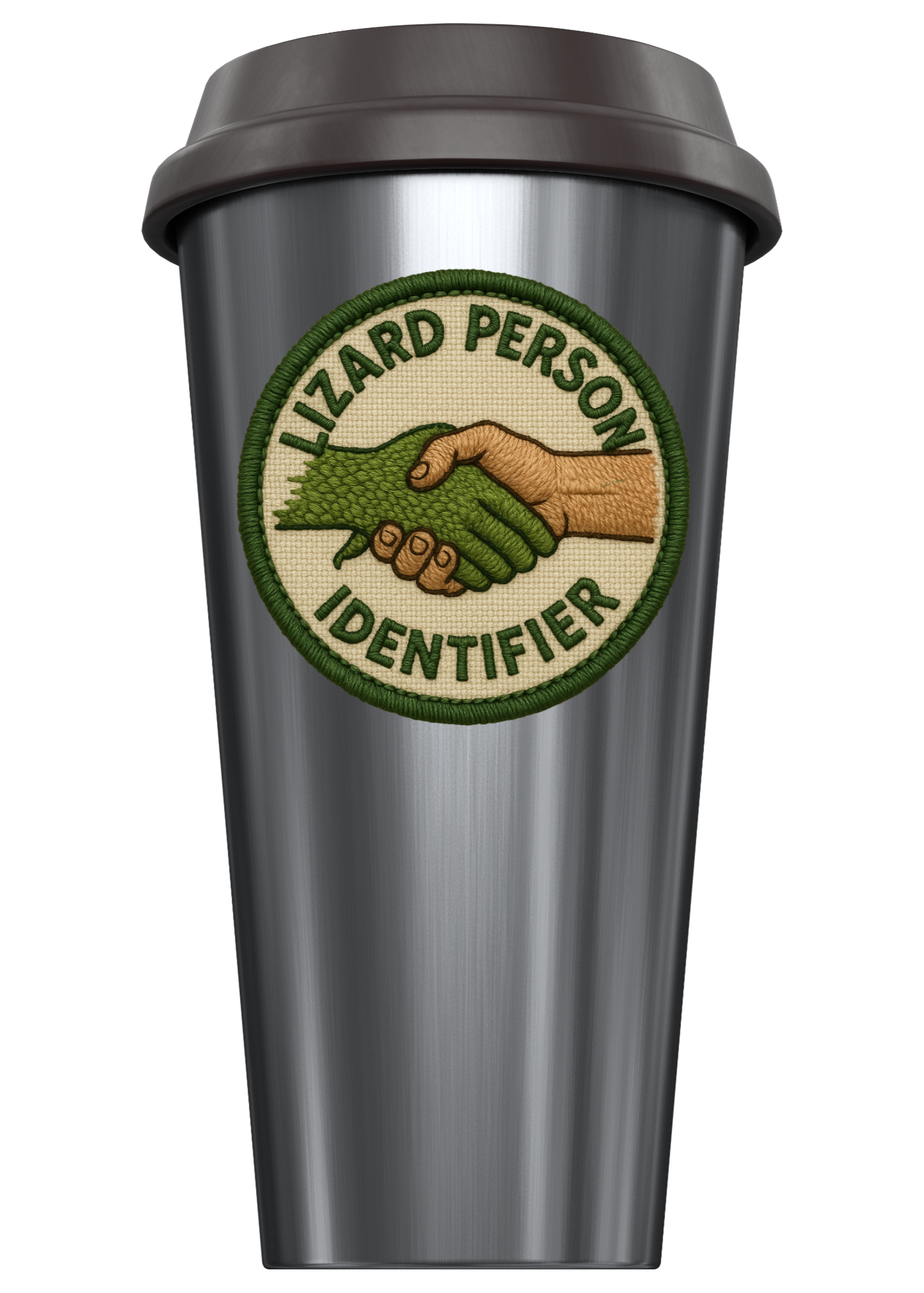 Metal tumbler with a logo on a white background