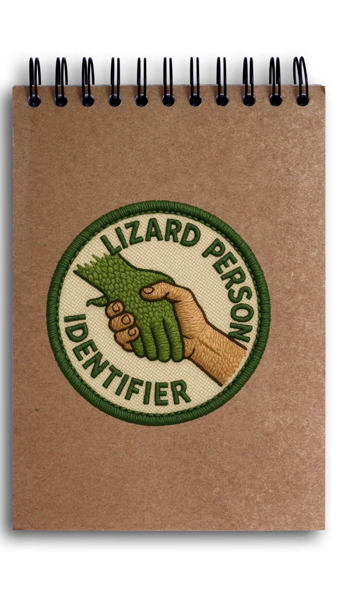 Notebook with 'Lizard Person Identifier' patch on a white background