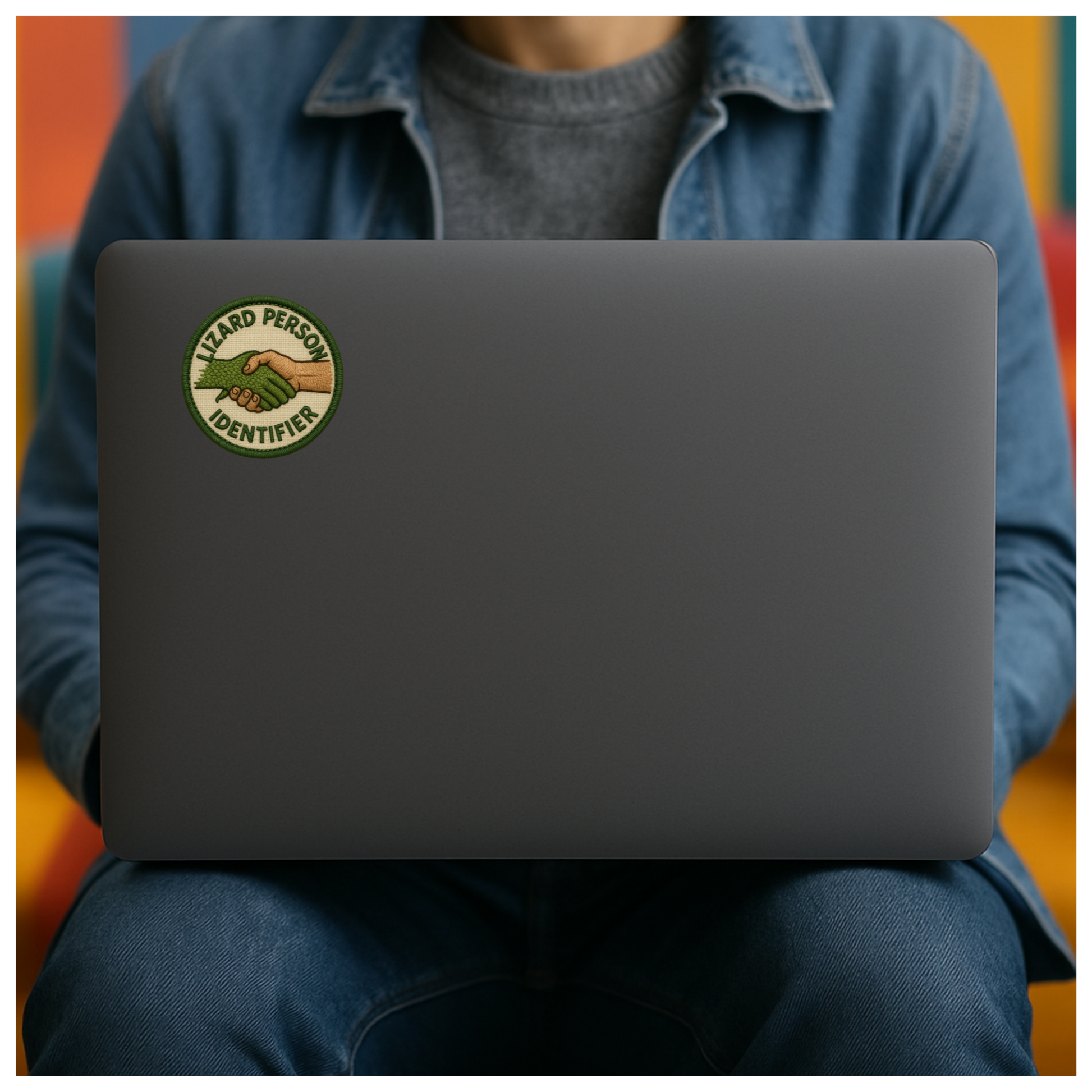 Person holding a laptop with a sticker on the cover