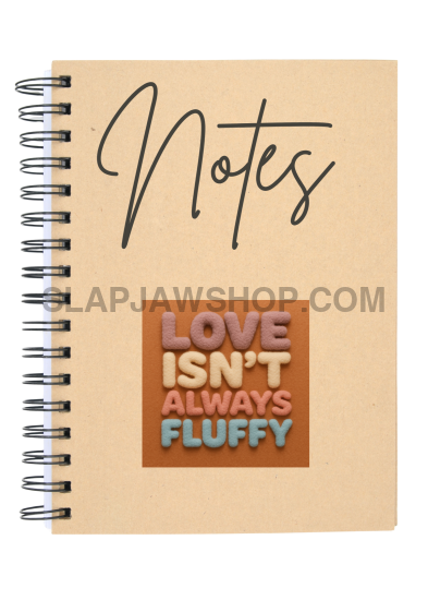 Notebook with 'Notes' on top and 'Love isn't always fluffy' on a brown background