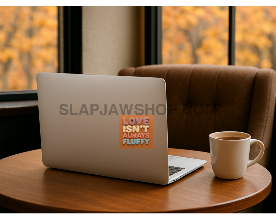 Laptop with a sticker on a table next to a coffee cup, with autumn foliage outside the window.