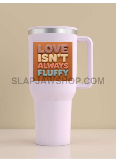 White travel mug with a colorful design on a beige background