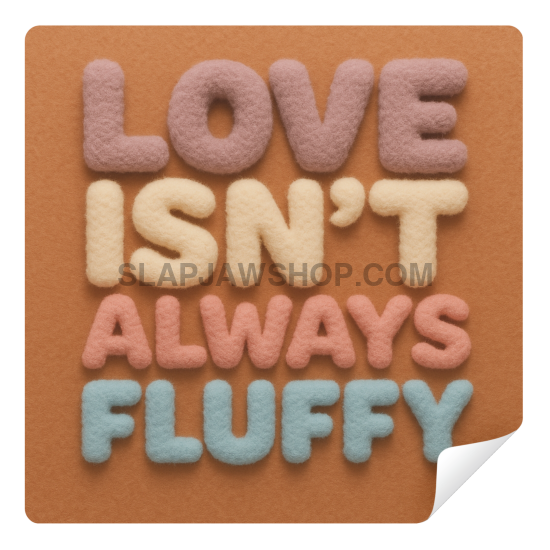Text 'LOVE ISN'T ALWAYS FLUFFY' on a brown background
