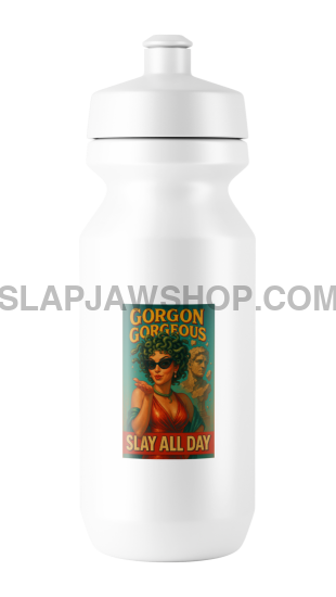 White water bottle with a colorful graphic on a white background