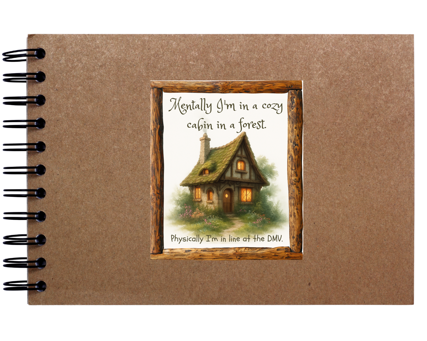 Notebook with a cabin illustration on the cover