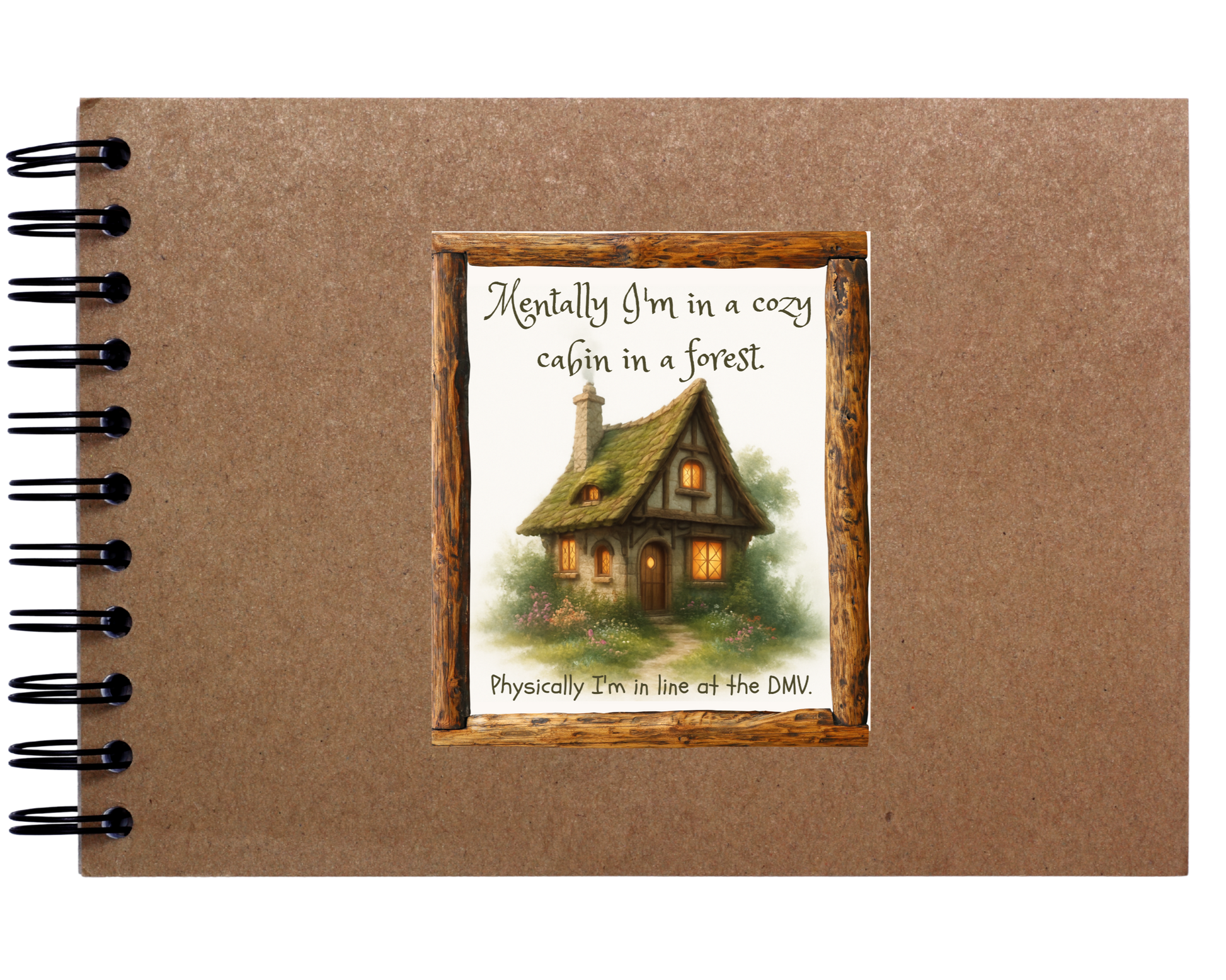 Notebook with a cabin illustration on the cover