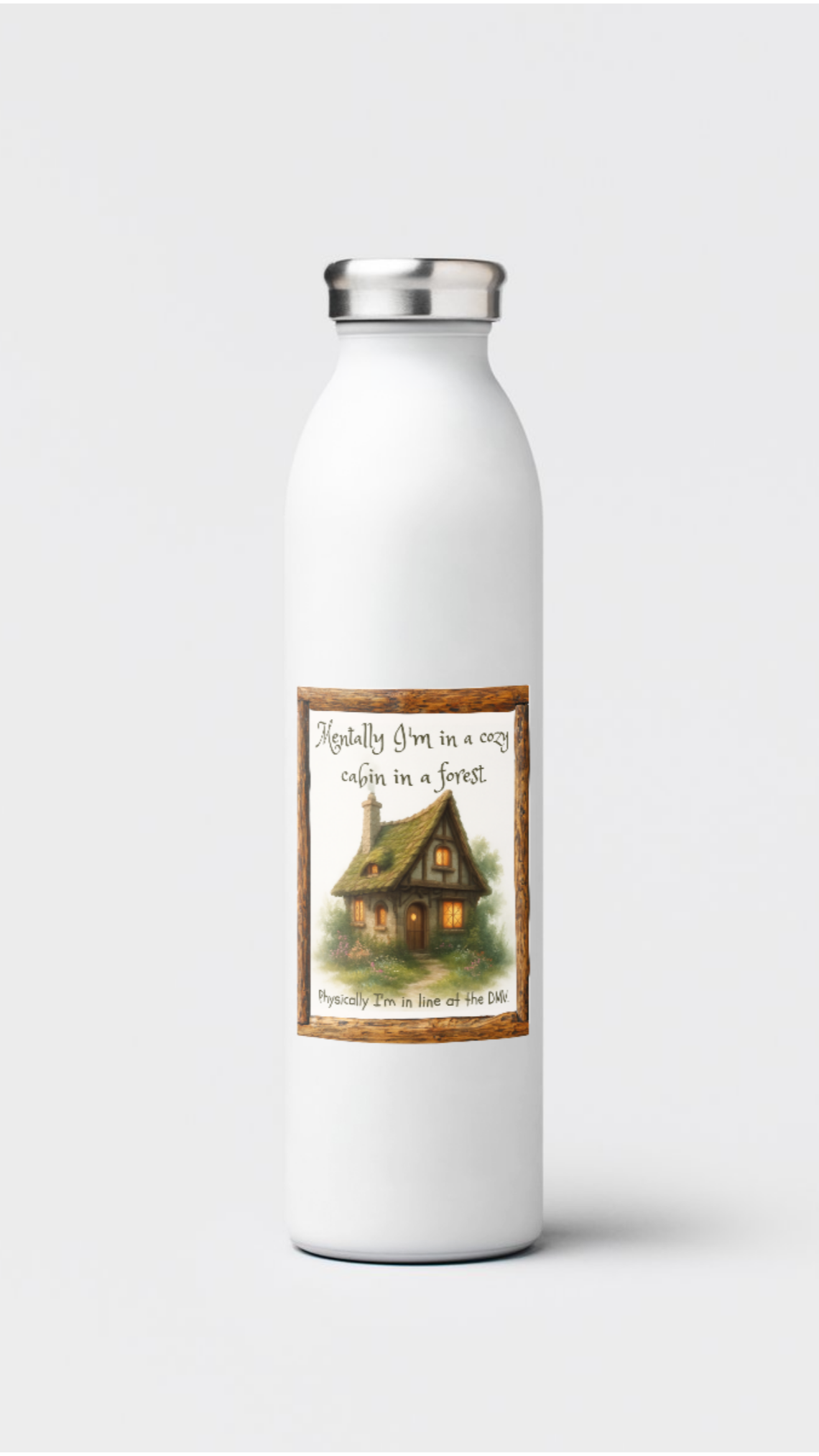 White metal water bottle with a label featuring a cabin design on a white background