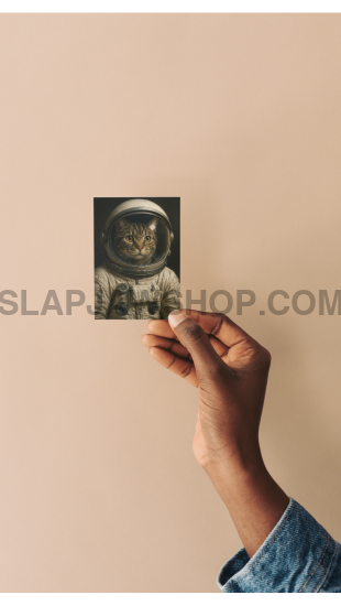 Hand holding a small photo of an astronaut against a beige background