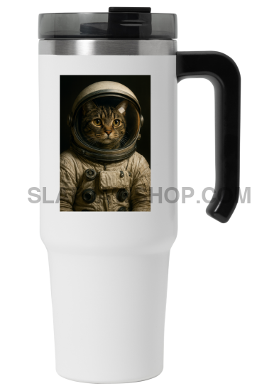 White travel mug with an astronaut cat design on a white background