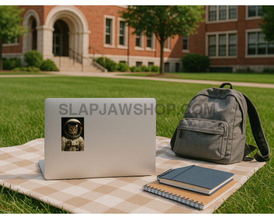 Laptop with an astronaut sticker, backpack, and notebook on a checkered blanket outdoors.