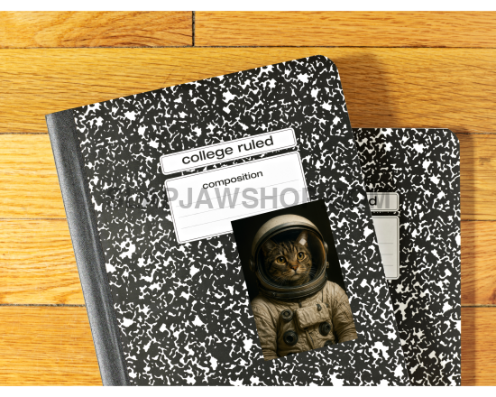 Two notebooks with a cat in an astronaut suit on a wooden surface