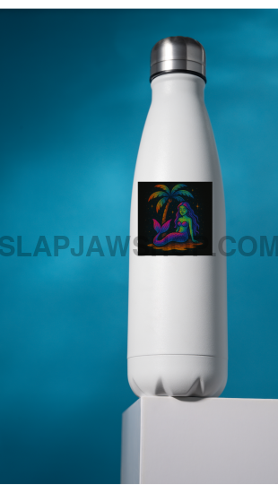 White insulated bottle with colorful label on a blue gradient background