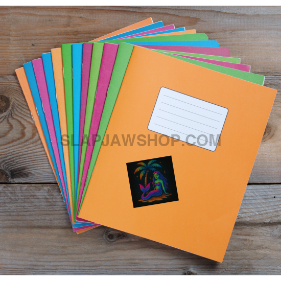 Stack of colorful notebooks on a wooden surface