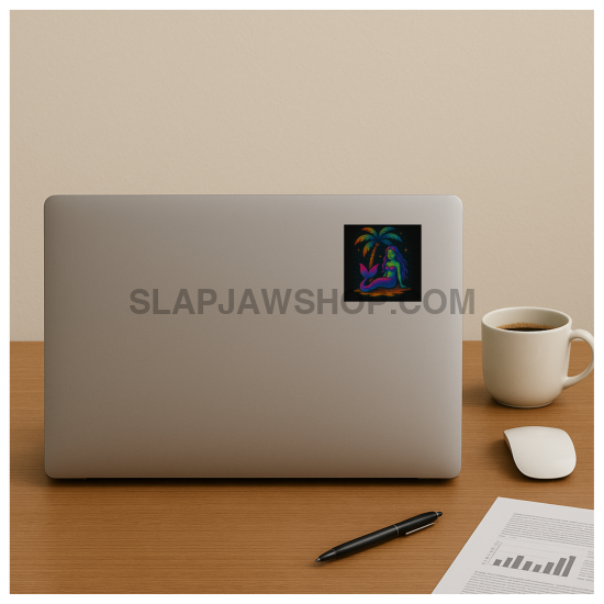 Laptop with a sticker on a desk with a cup, mouse, and pen.