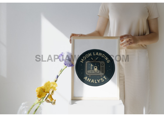 Person holding a framed certificate with 'Moon Landing Analyst' text, next to flowers on a white surface.