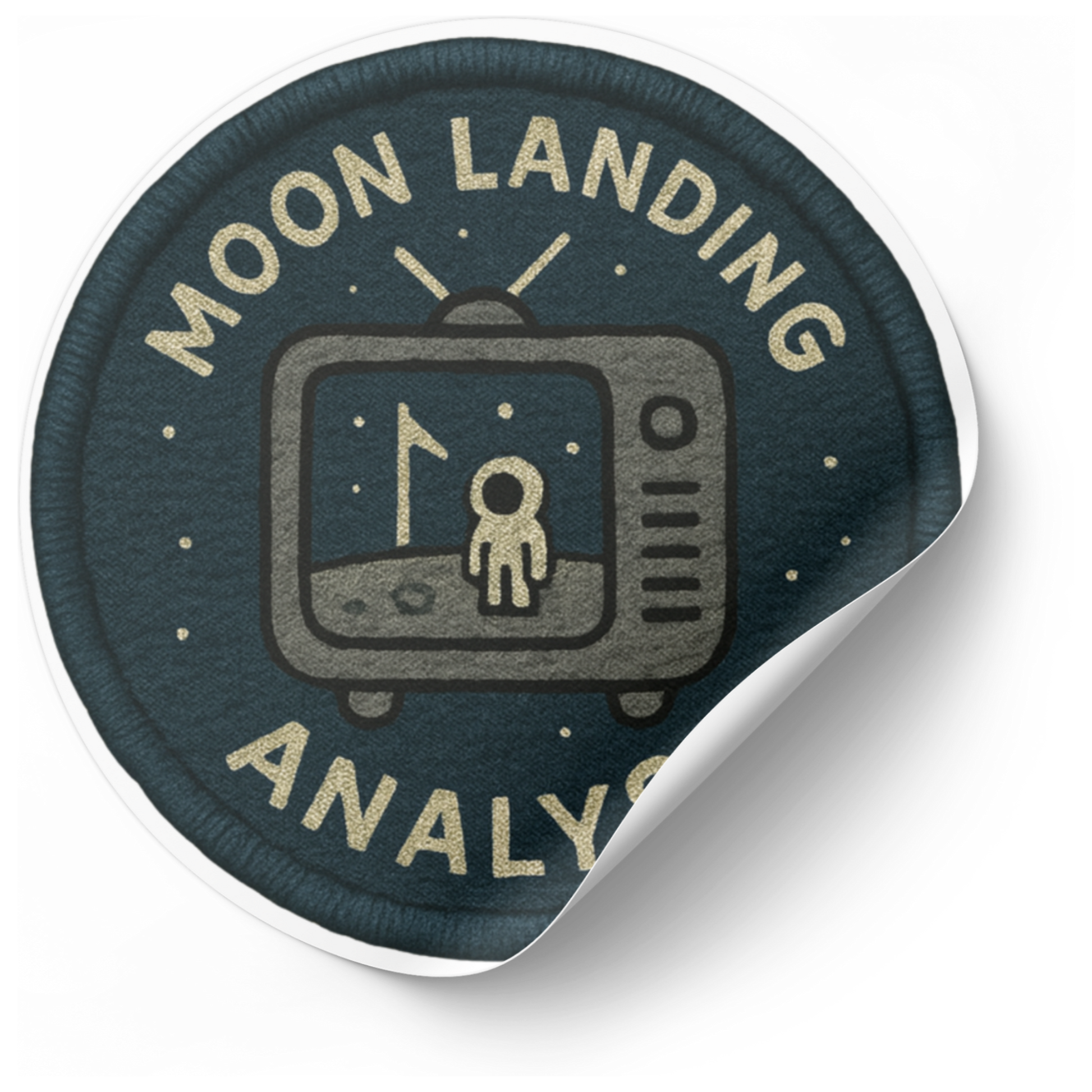 Patch with 'Moon Landing Analysis' text and TV graphic on a white background