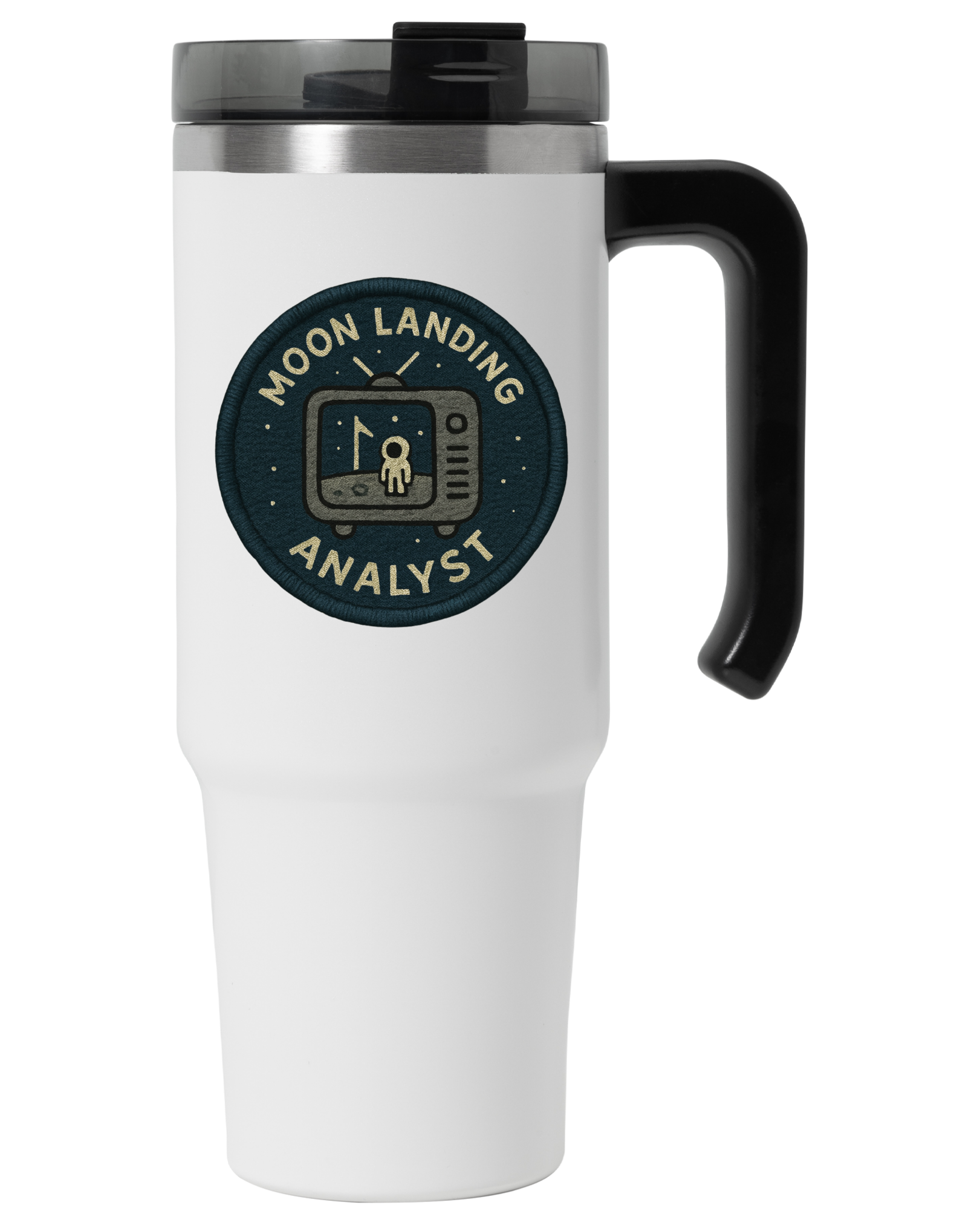 White travel mug with black handle featuring 'Moon Landing Analyst' design on a white background
