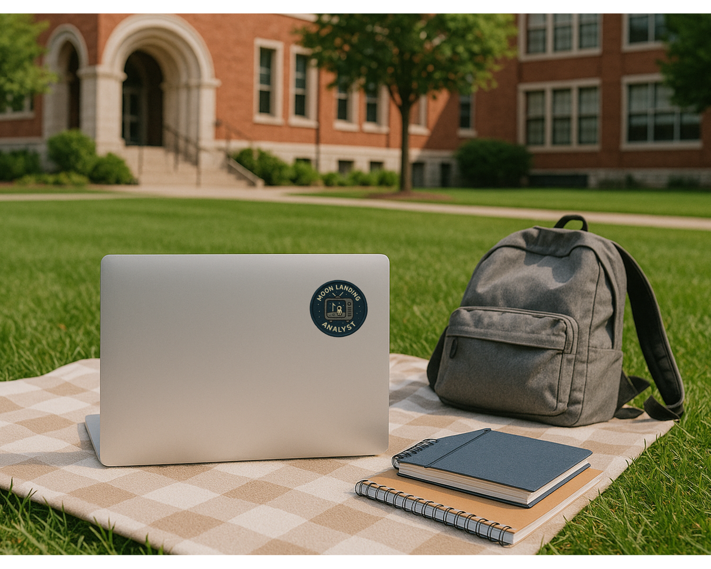 Laptop with a sticker, notebook, and backpack on a checkered blanket outdoors.