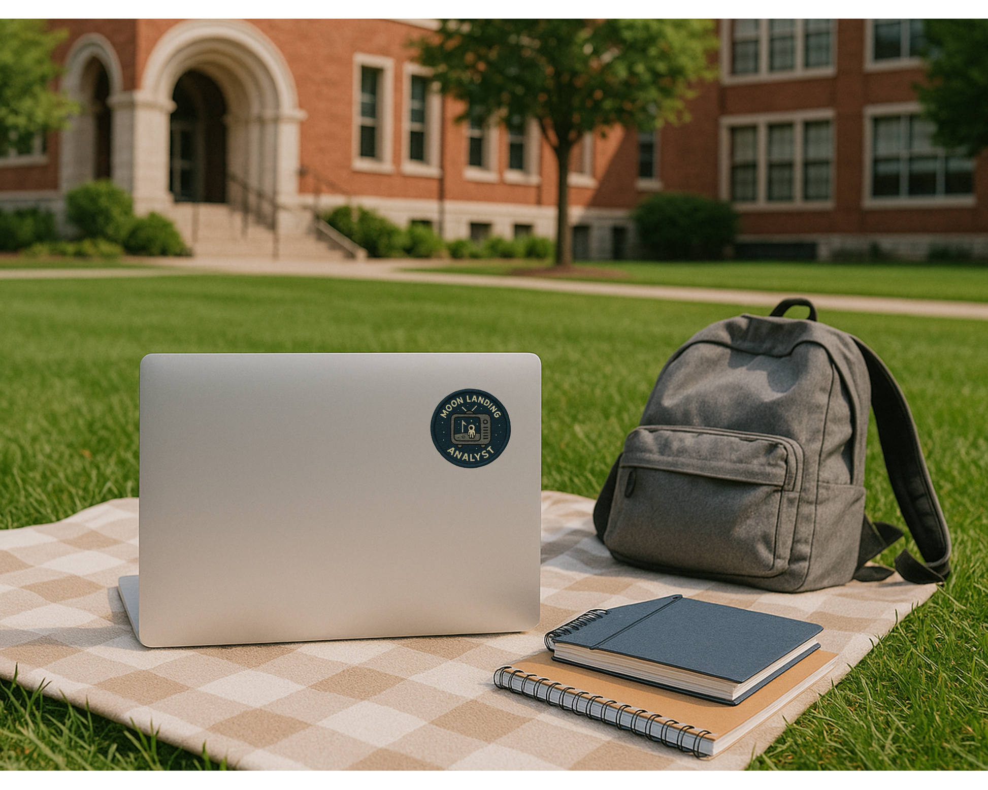 Laptop with a sticker, notebook, and backpack on a checkered blanket outdoors.