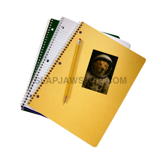Yellow notebook with a photo of a dog on the cover, open to a blank page, with a pencil on a white background.