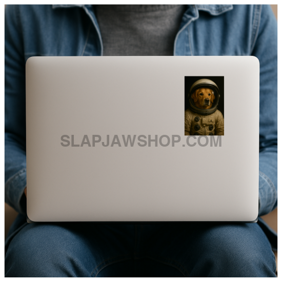 Person holding a laptop with a sticker of a dog in a spacesuit on a white background