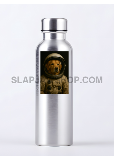 Silver water bottle with an astronaut design on a white background
