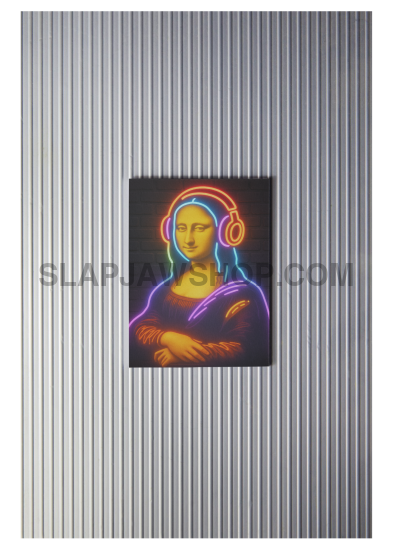 Neon-style depiction of Mona Lisa wearing headphones against a dark brick wall.