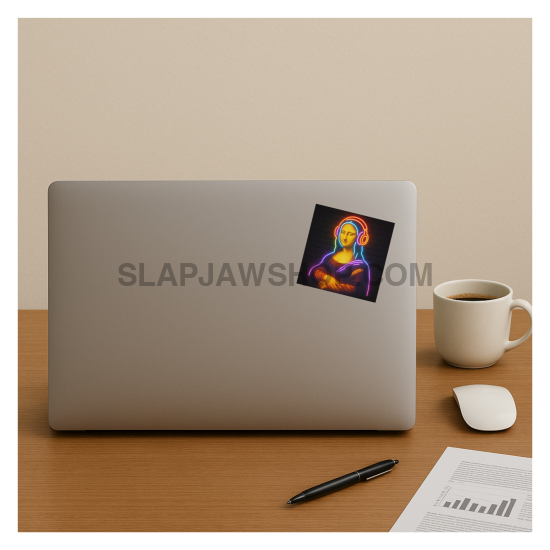 Laptop with a Mona Lisa sticker on a desk with a cup, mouse, and pen.