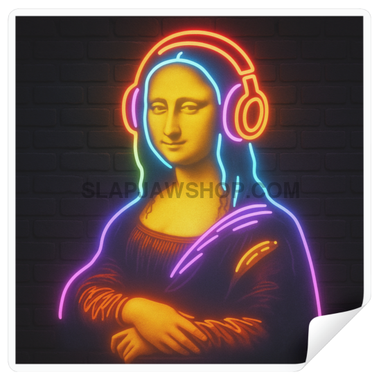 Neon-style depiction of Mona Lisa wearing headphones on a dark background