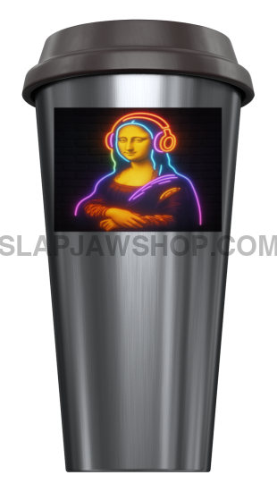 Stainless steel tumbler with a graphic of Mona Lisa wearing headphones on a black background