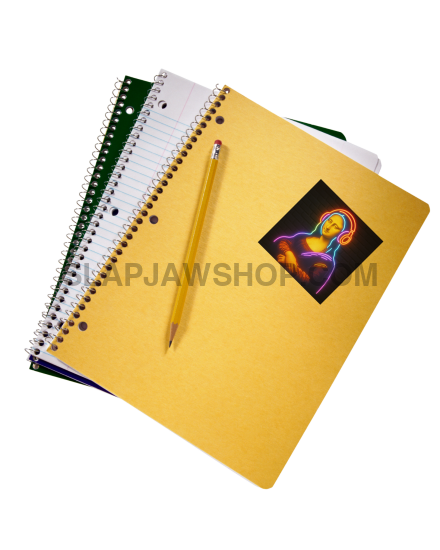 Yellow notebook with a pen and colorful sticker on a white background