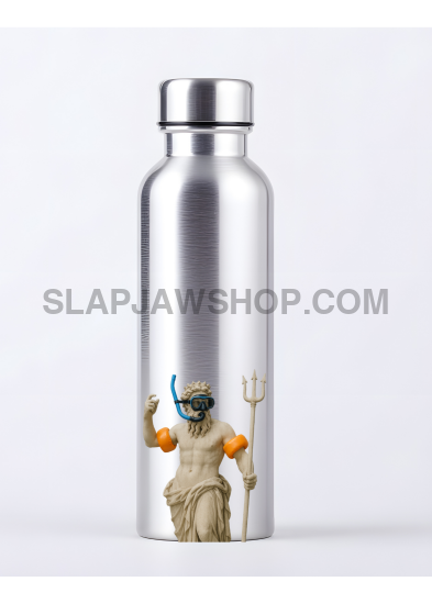 Silver water bottle with a figurine of a character in a helmet and armor on a white background