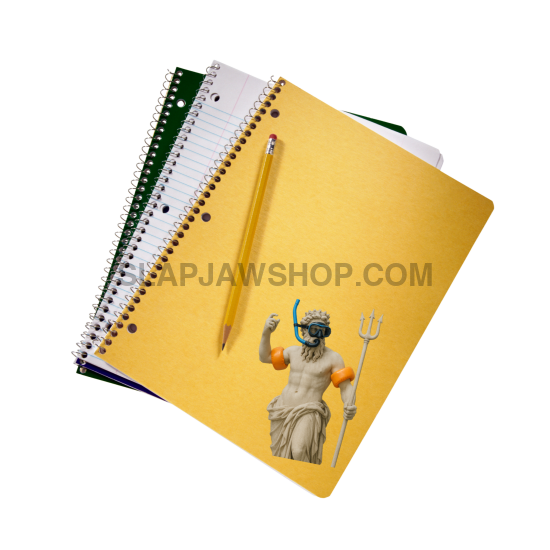 Yellow notebook with a pencil and a small statue on a white background