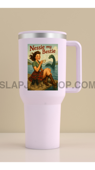 White travel mug with a graphic of a person and a dog on a beige background