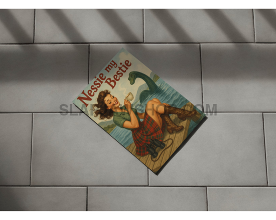 Decorative mat with a design of a woman and text on a tiled floor.