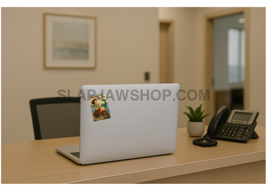 Laptop on a desk with a phone and plant in an office setting