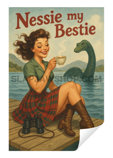 Vintage-style poster with a woman holding a cup and a Loch Ness monster in the background, featuring the text 'Nessie my Bestie'.