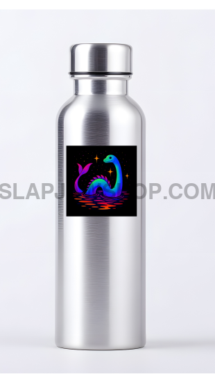 Silver water bottle with a colorful label on a white background
