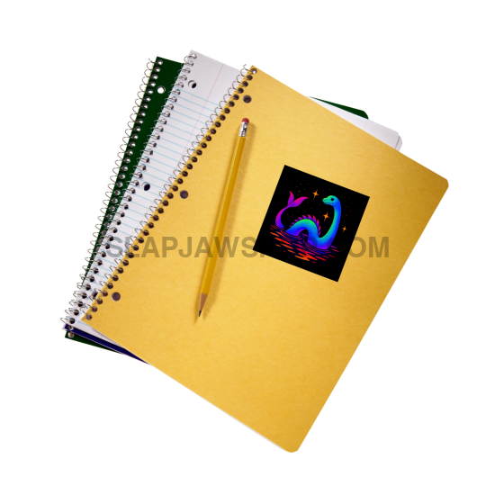 Yellow notebook with a pencil and colorful sticker on a white background